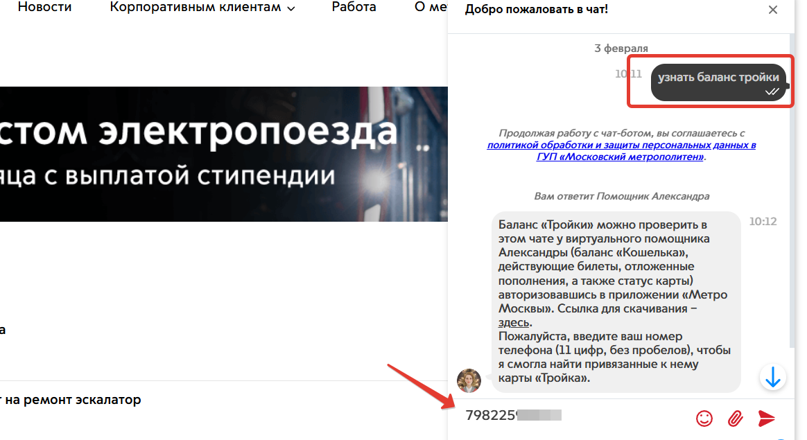 Узнать баланс Тройки в чате