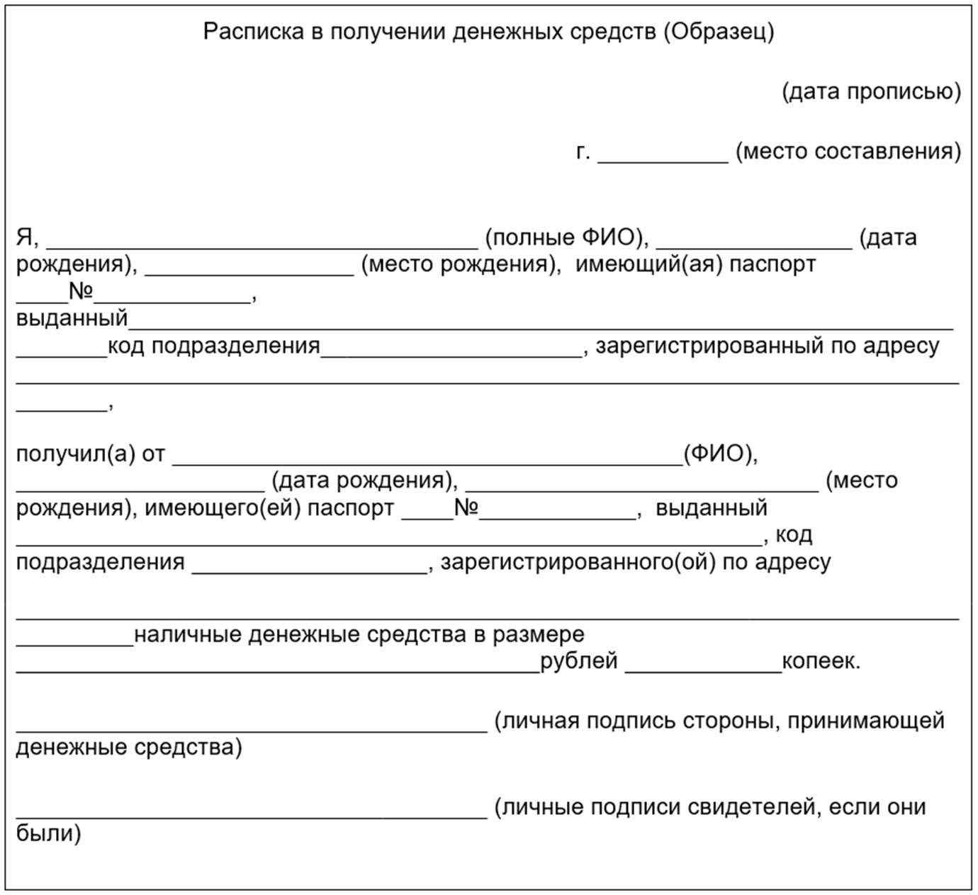 Образец расписки о получении денег