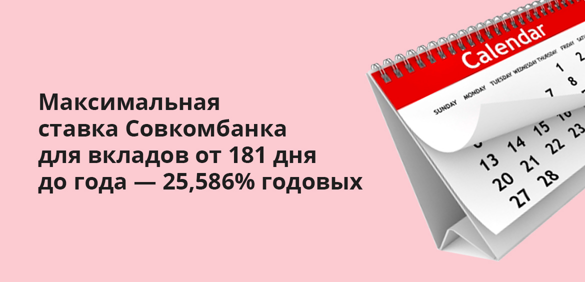 Максимальная ставка Совкомбанка для вкладов от 181 дня до года — 25,586% годовых