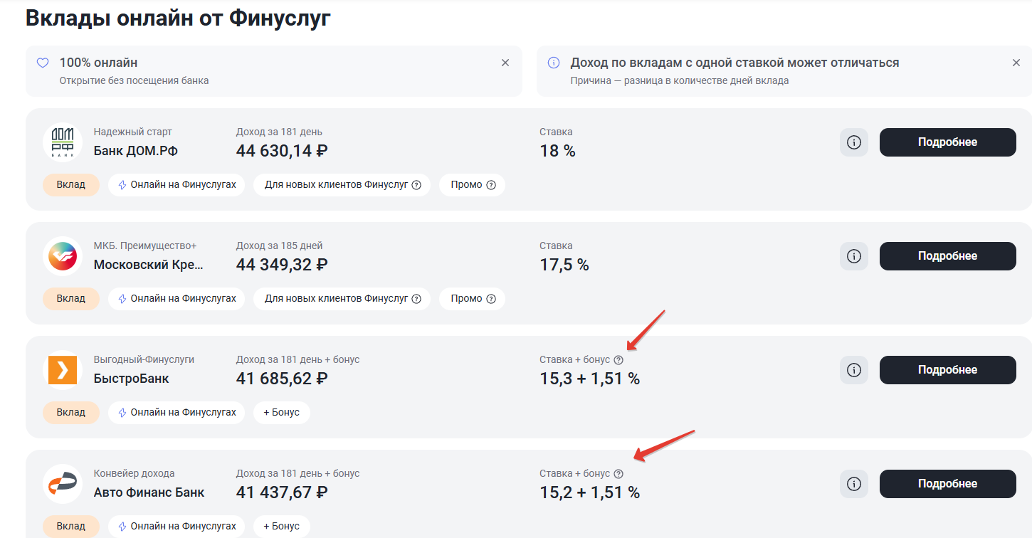 Фильтр вкладов на Финуслугах