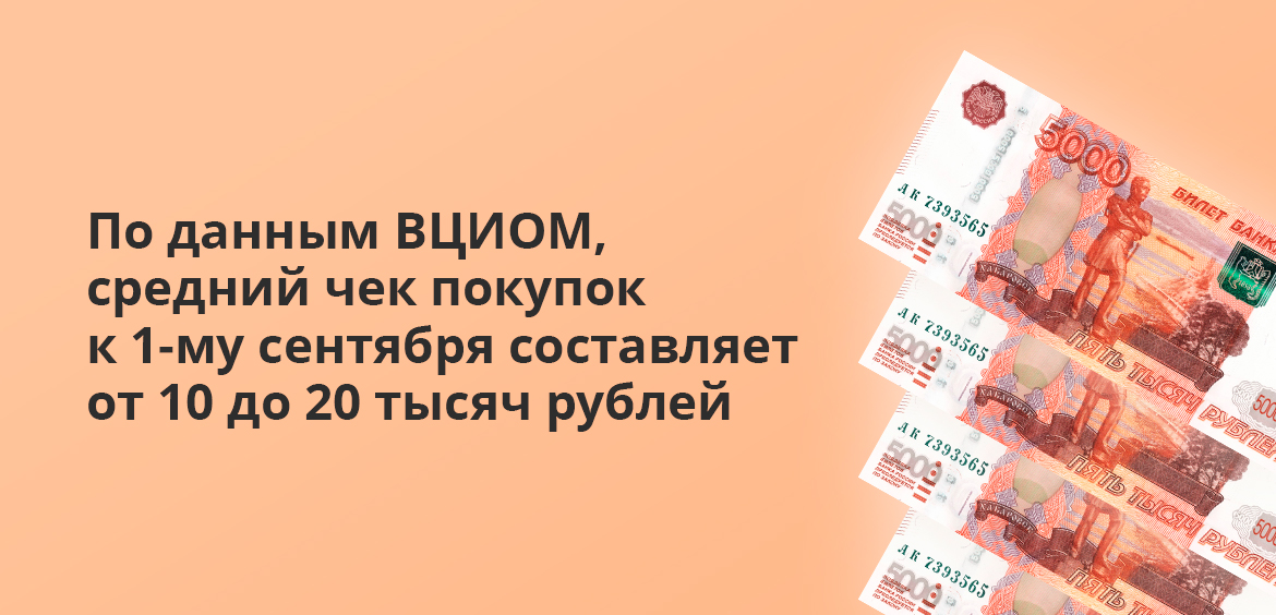 По данным ВЦИОМ, средний чек покупок к 1-му сентября составляет от 15 до 20 тысяч рублей