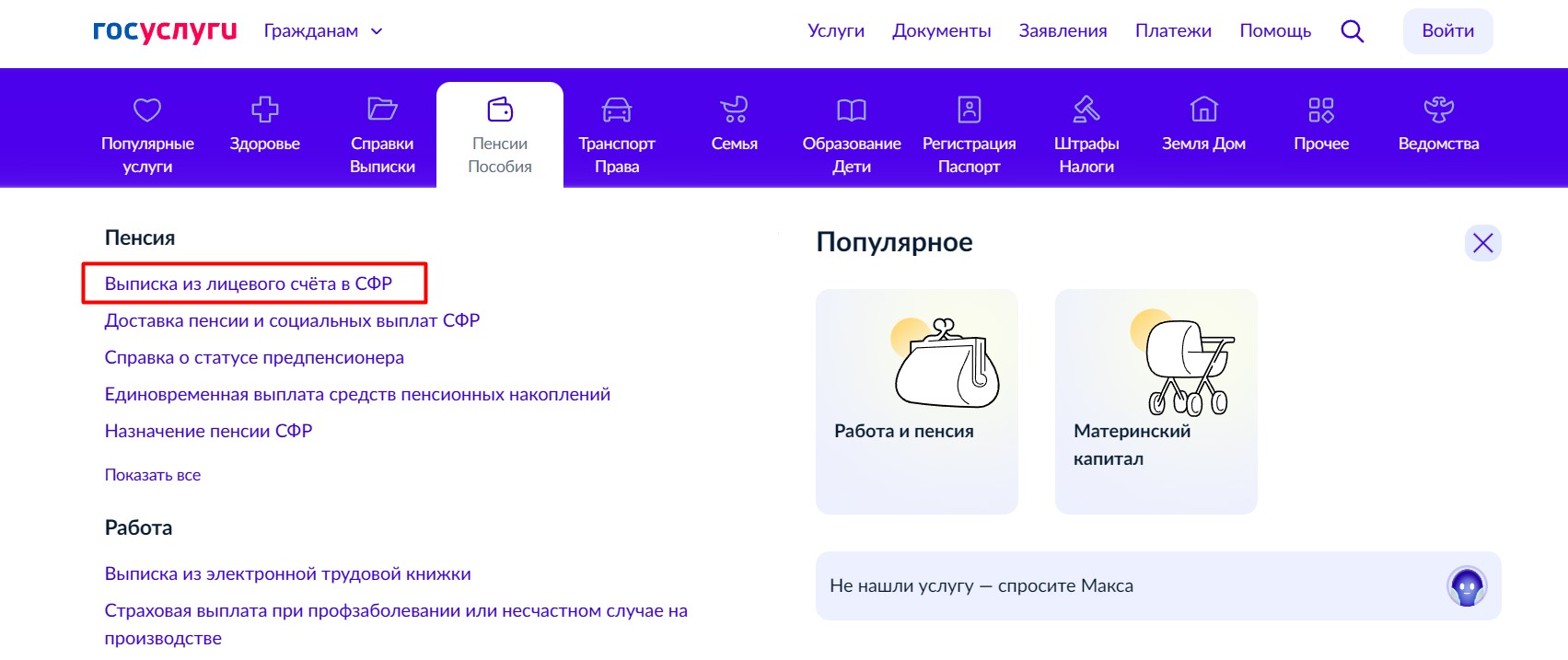 Выписка из лицевого счета в СФР через Госуслуги