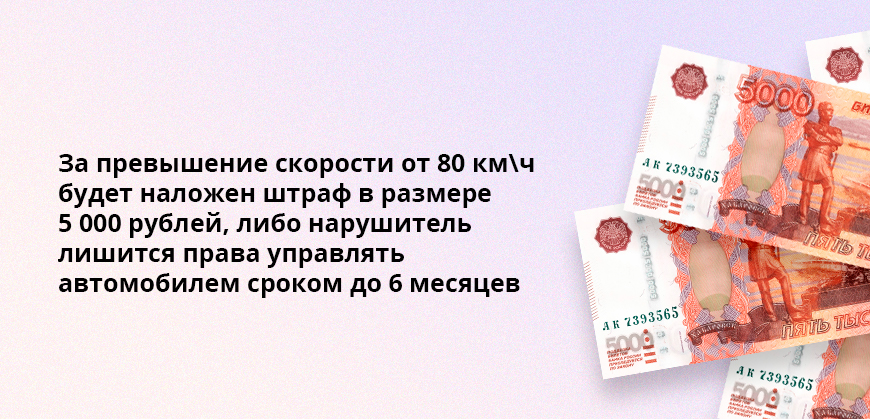 За превышение скорости от 80 км/ч будет наложен штраф в размере 5 000 рублей. Либо нарушитель лишится права управлять автомобилем сроком до 6 месяцев