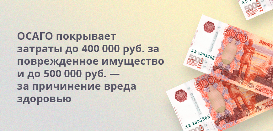 ОСАГО покрывает затраты до 400 000 руб. за поврежденное имущество и до 500 000 руб. — за причинение вреда здоровью