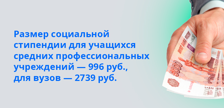 Размер социальной стипендии для учащихся средних профессиональных учреждений — 996 руб., для вузов — 2739 руб.