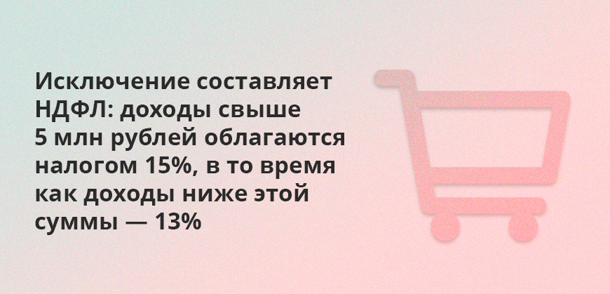 Исключение составляет НДФЛ: доходы свыше 5 млн рублей облагаются налогом 15%, в то время как доходы ниже этой суммы — 13%