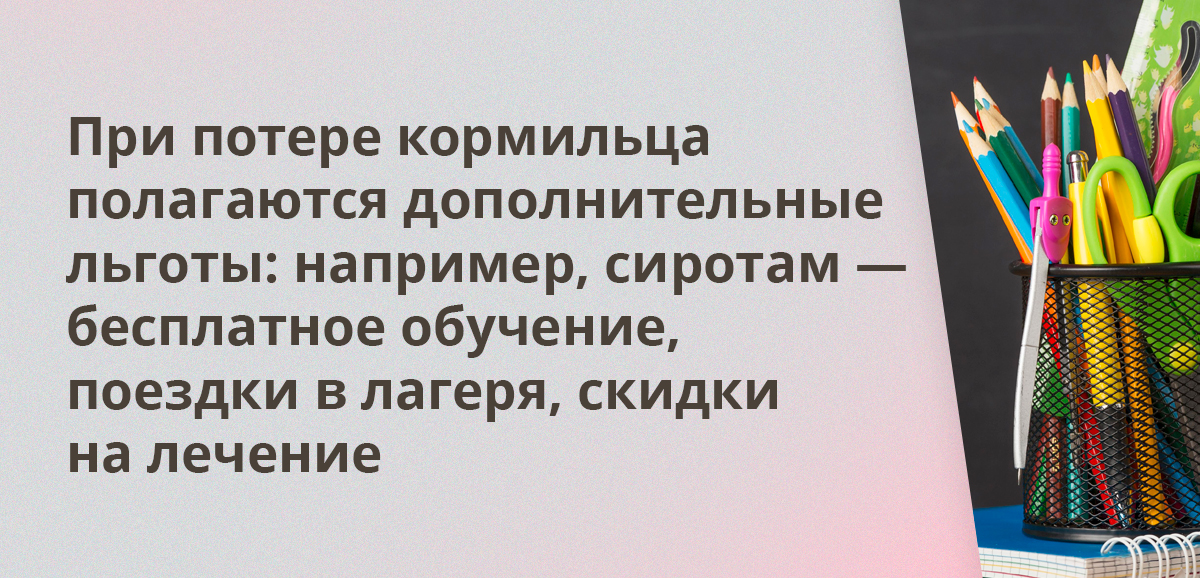 При потере кормильца полагаются дополнительные льготы: например, сиротам — бесплатное обучение, поездки в лагеря, скидки на лечение