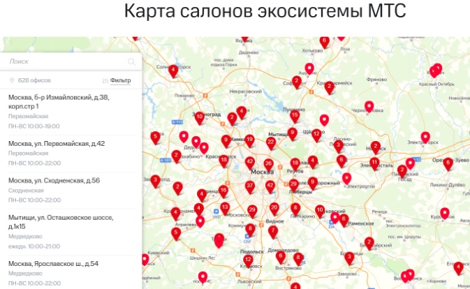 Карта салонов экосистемы МТС