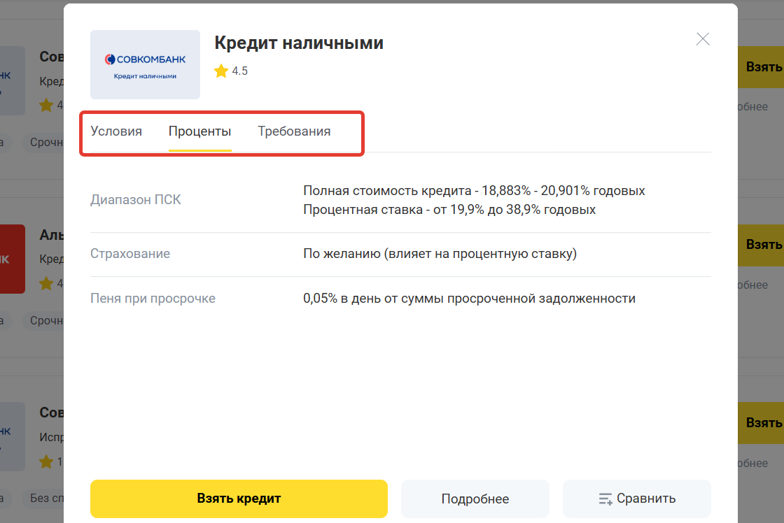 Условия по кредиту