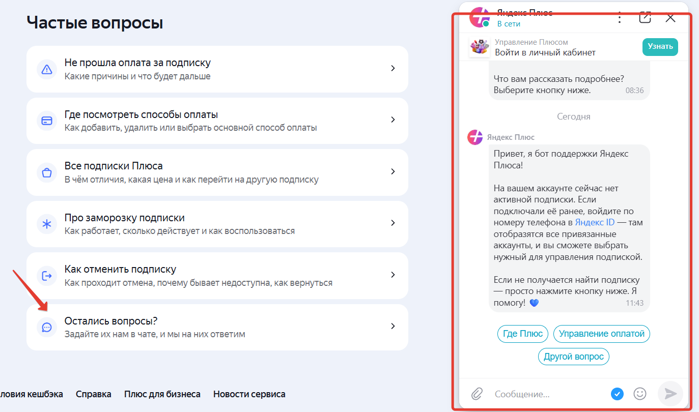 Чат с Яндекс Плюс