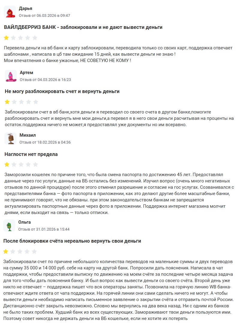  Отзывы о службе поддержки Вайлдберриз Банка