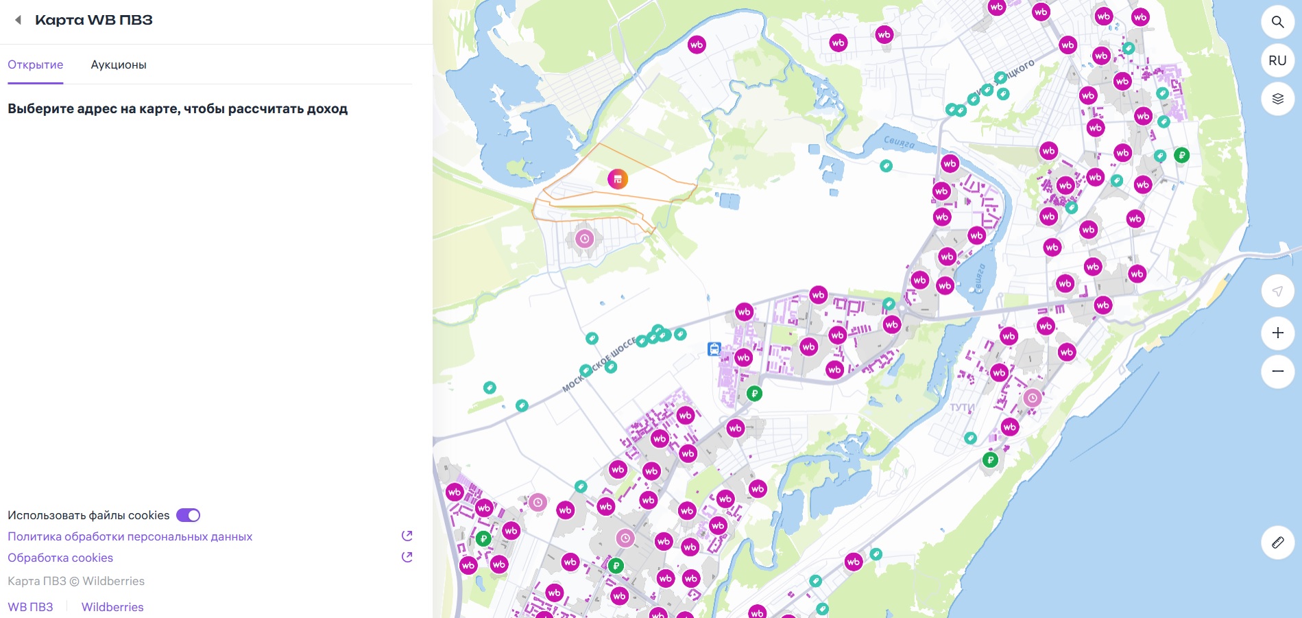 Карта на сайте Вайлдберриз
