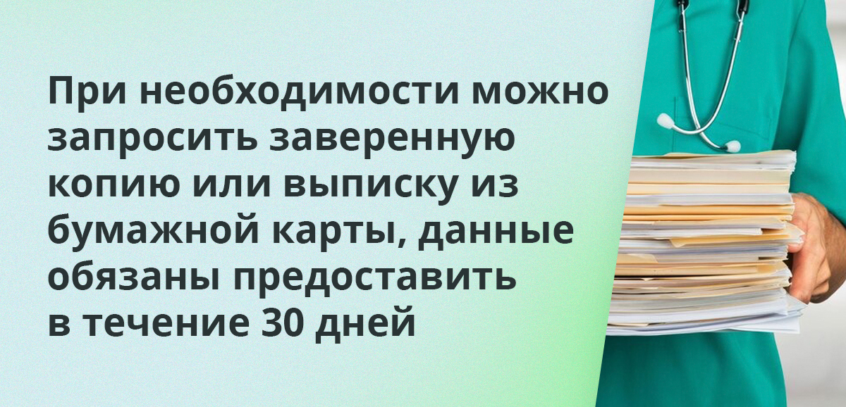 При необходимости можно запросить заверенную копию или выписку из бумажной карты, данные обязаны предоставить в течение 30 дней