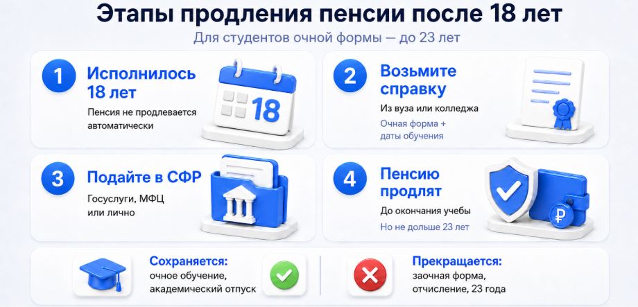 Алгоритм продления пенсии по потере кормильца студенту очной формы обучения до 23 лет